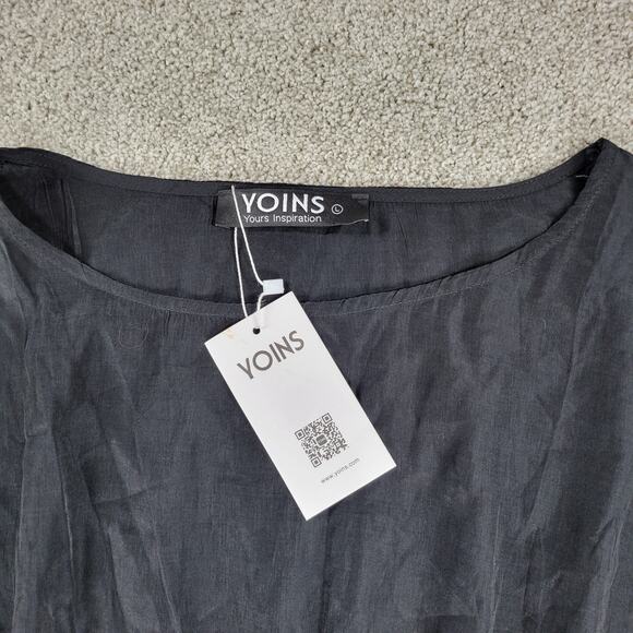 Yoins Womens Wrap Dress Large Black Tie Crewneck Short Sleeve Ruched Mini NEW - Picture 6 of 16